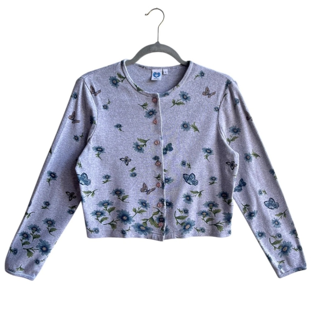 Vintage Y2K Next Era Juniors Large Gray Floral Butterfly Cardigan Top Fairycore